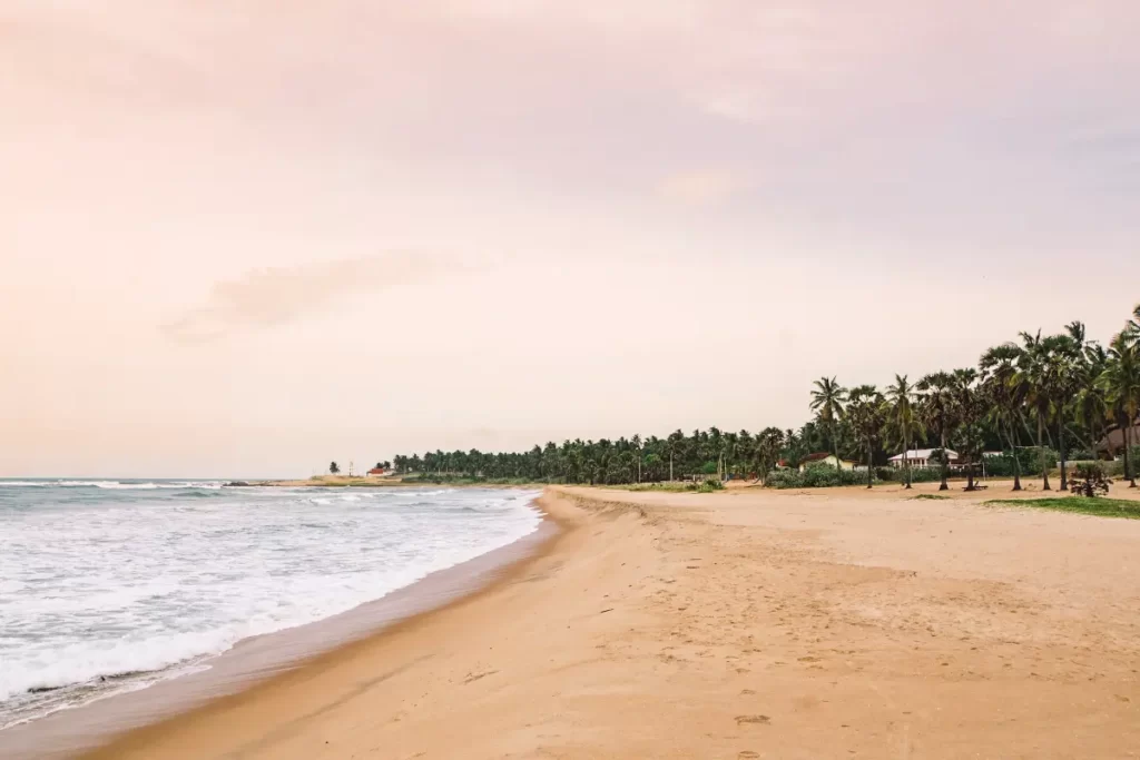 An empty beach at sunset in front of Jetwing Surf