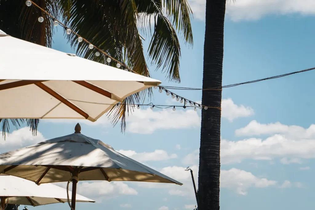 Two umbrellas in the garden for Salty Swaims Arugam Bay, a great spot for Digital Nomads