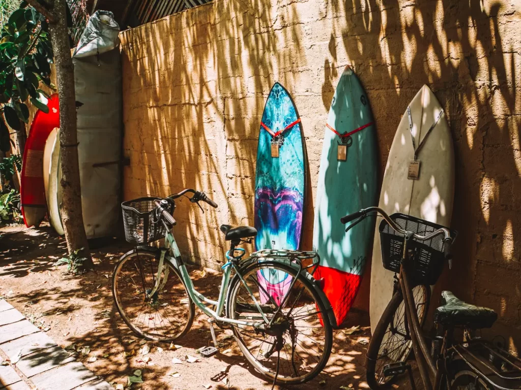 Surfboards against a wall at Salty Swamis