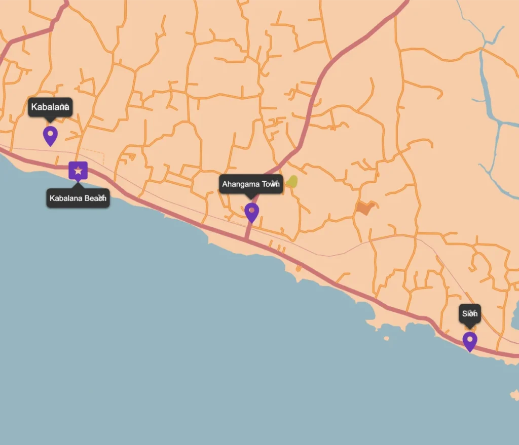 A map of Kabalana Beach compared to Ahangama and where to stay