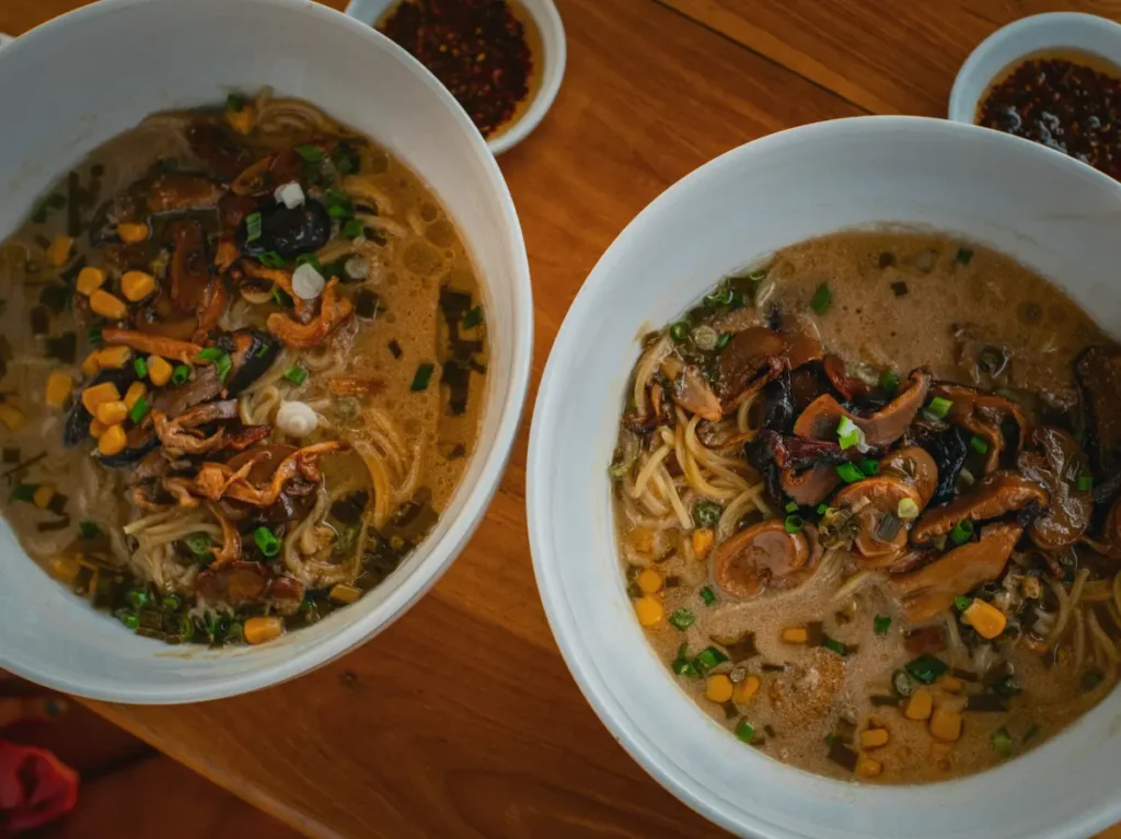 Two mushroom ramen bowls served at Little Bang Kitchen, one of the best restaurants in Ahangama