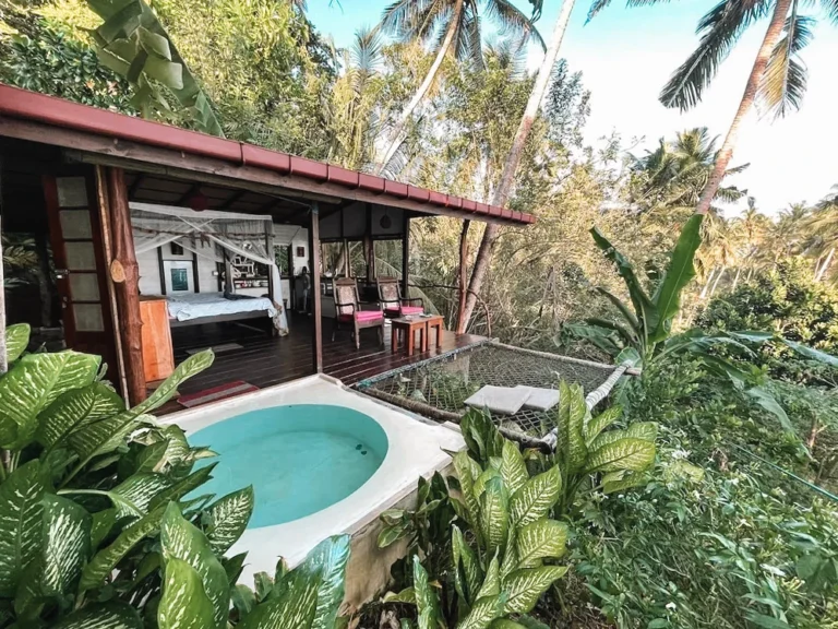 The plunge pool and nets at See More Treehouse, a top place to stay in Madiha